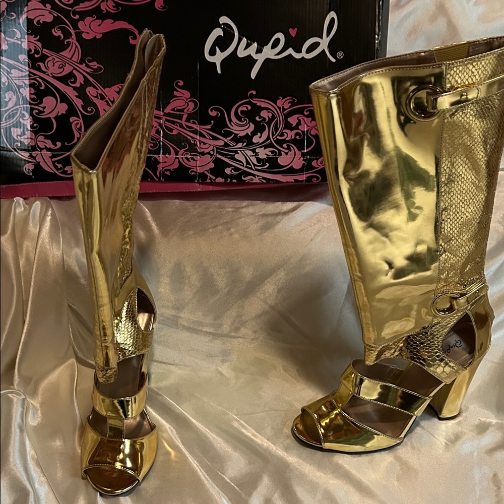 Qupid Metallic Gold Knee-High Strappy Heeled Boots